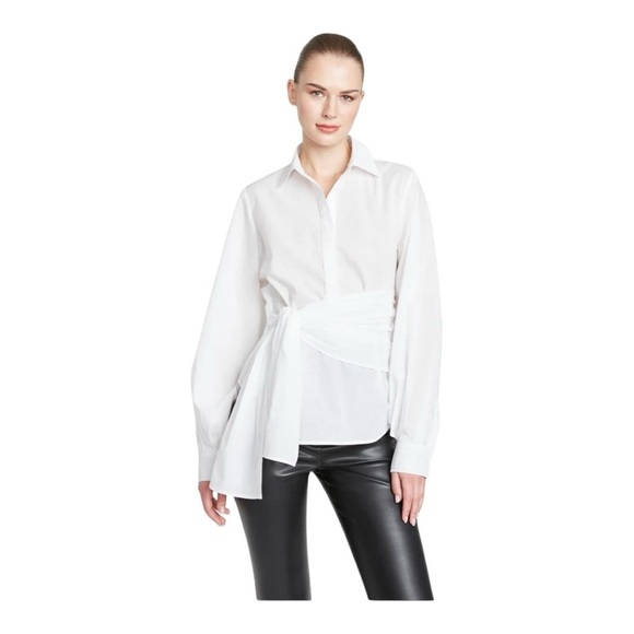 AMUR Leo Tie Top Blouse Shirt Long Sleeve in White Poplin Large - Picture 1 of 6